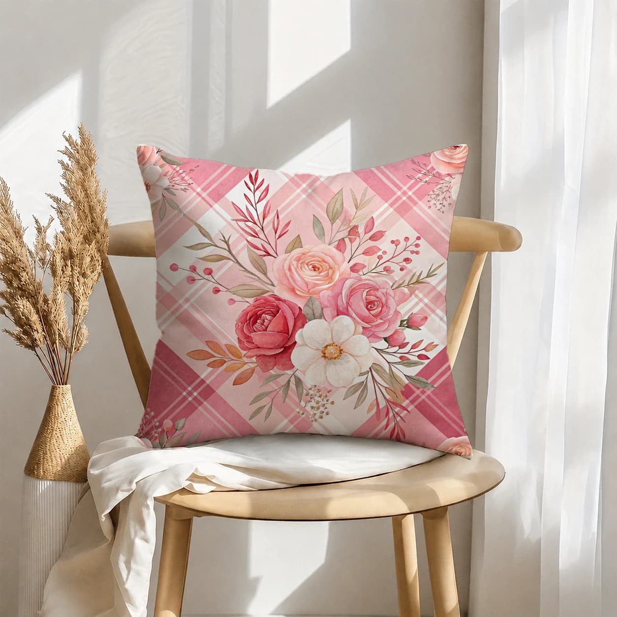 Custom floral pillow displayed on a wooden chair